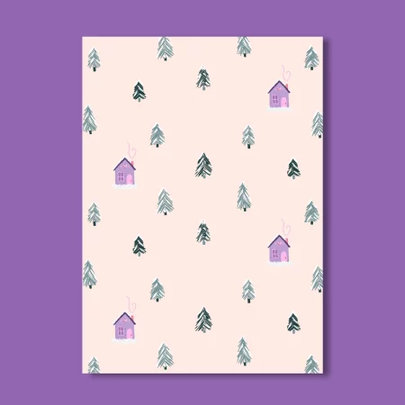 Carte de vœux - Cabane en forêt (violet)